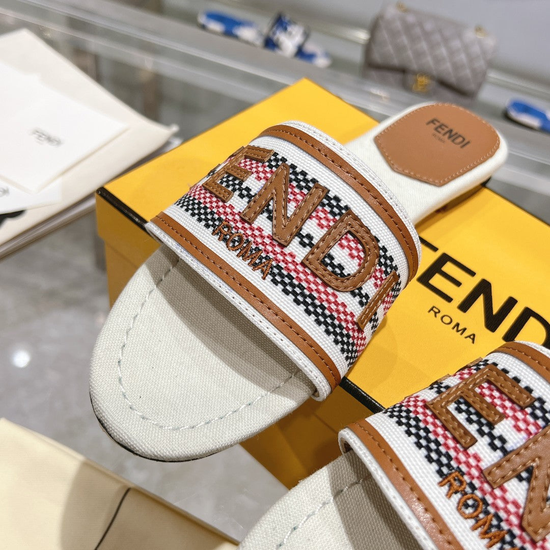 FENDI FF Women Signature Slides Tan White Canvas Slide