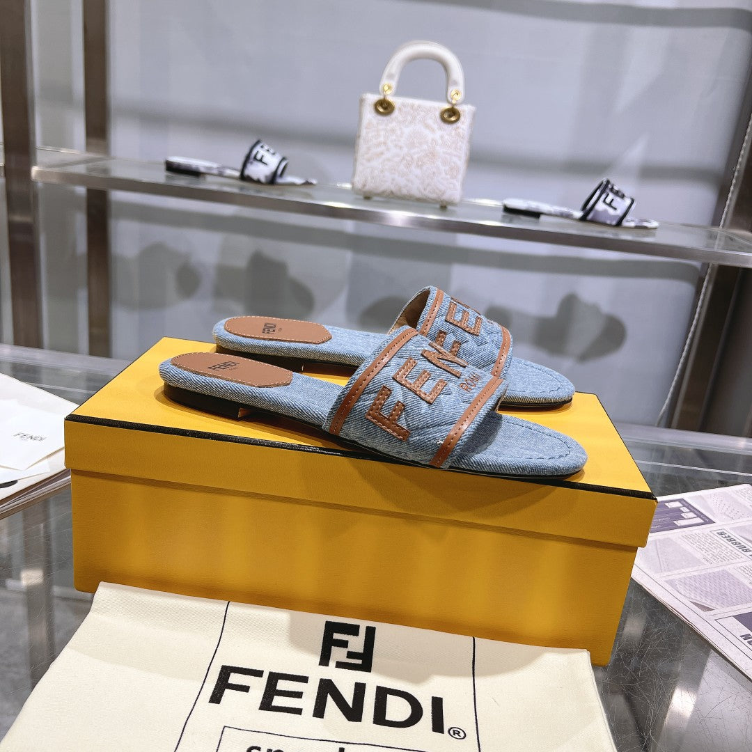 FENDI FF Women Signature Slides Tan Denim Canvas Slide