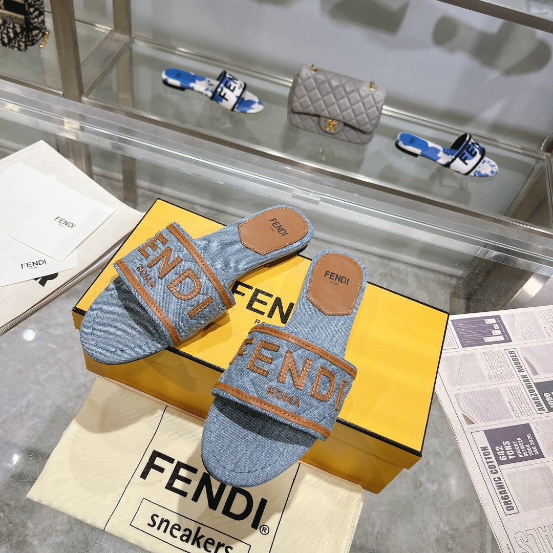 FENDI FF Women Signature Slides Tan Denim Canvas Slide