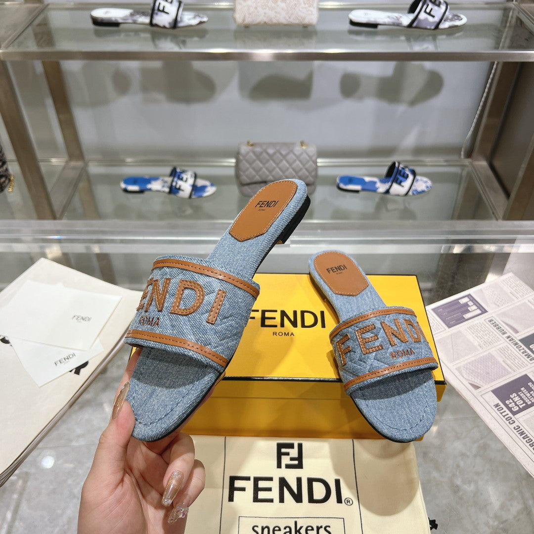 FENDI FF Women Signature Slides Tan Denim Canvas Slide