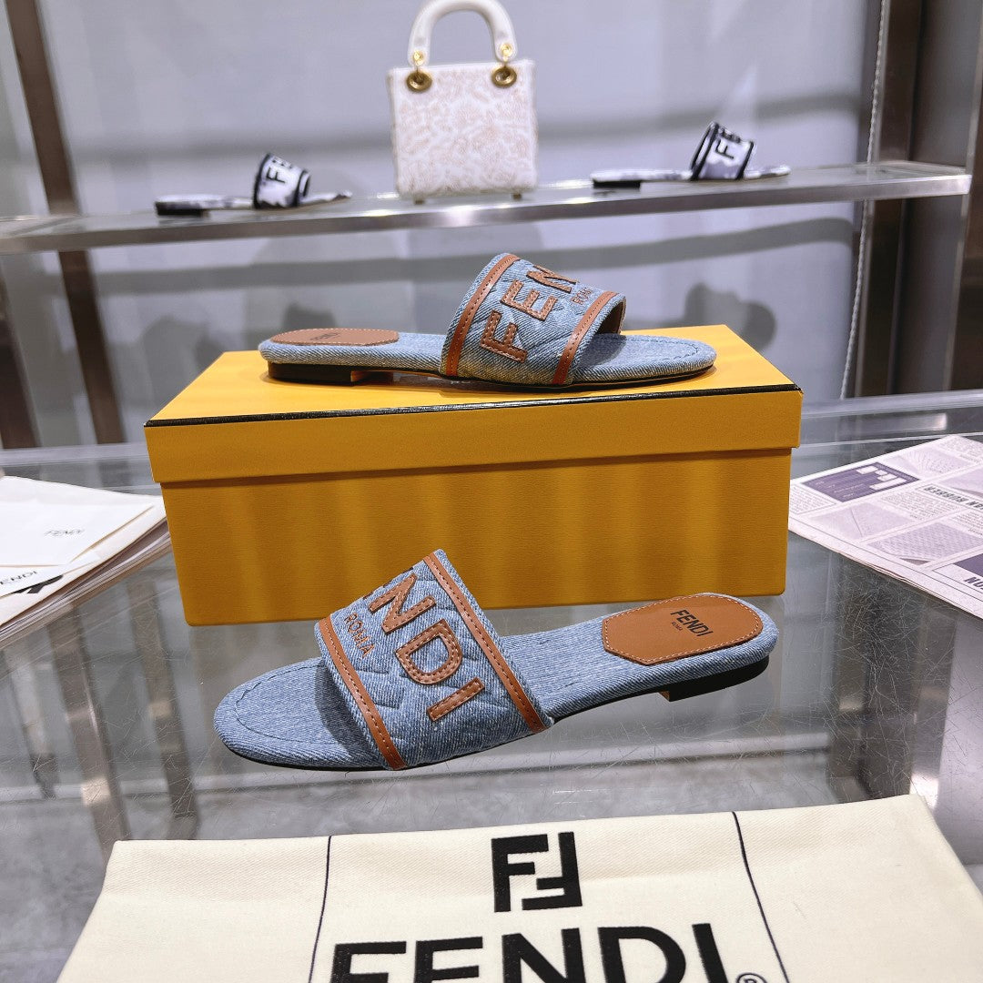 FENDI FF Women Signature Slides Tan Denim Canvas Slide
