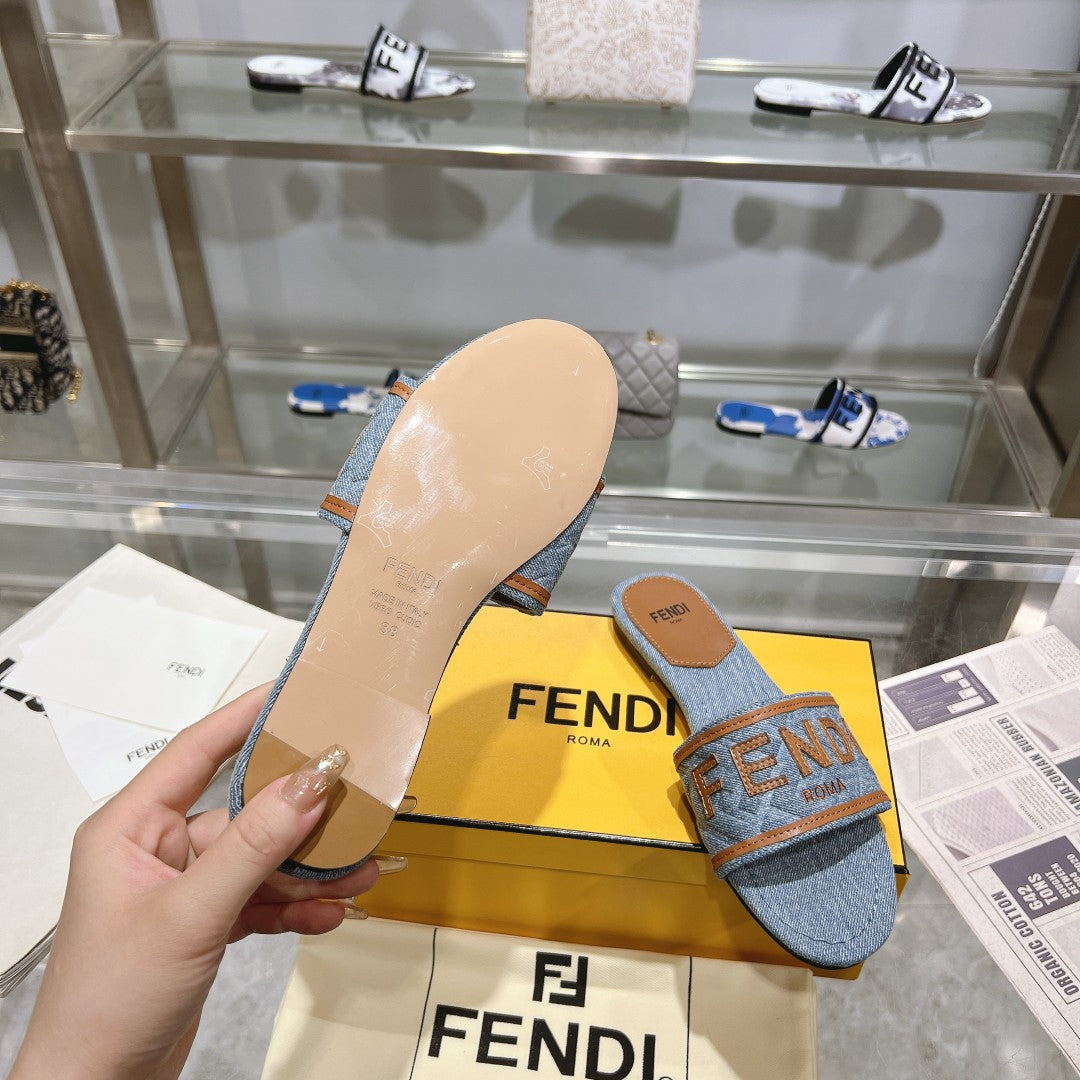 FENDI FF Women Signature Slides Tan Denim Canvas Slide