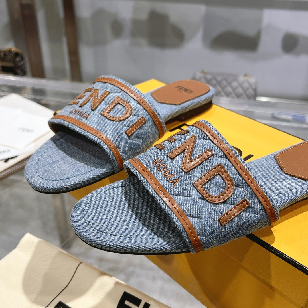 FENDI FF Women Signature Slides Tan Denim Canvas Slide