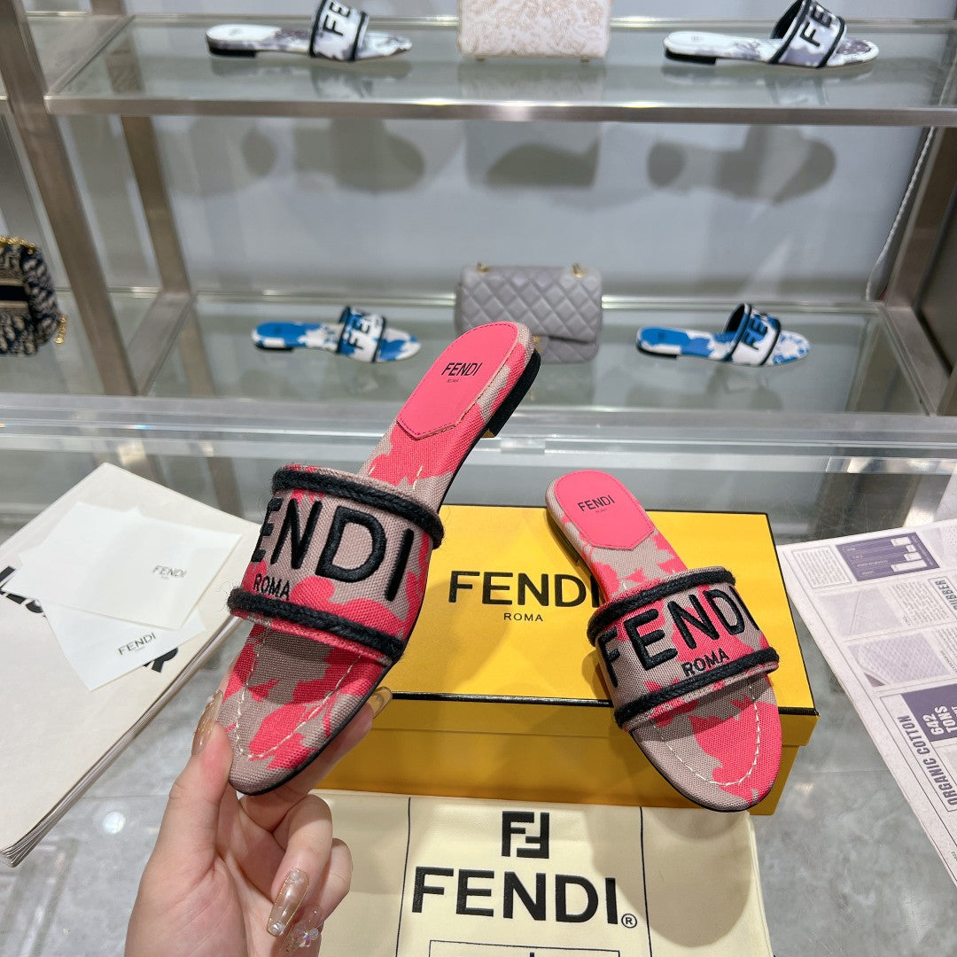 FENDI FF Women Signature Slides Dark Pink Gray Canvas Slide