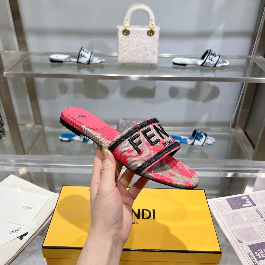 FENDI FF Women Signature Slides Dark Pink Gray Canvas Slide