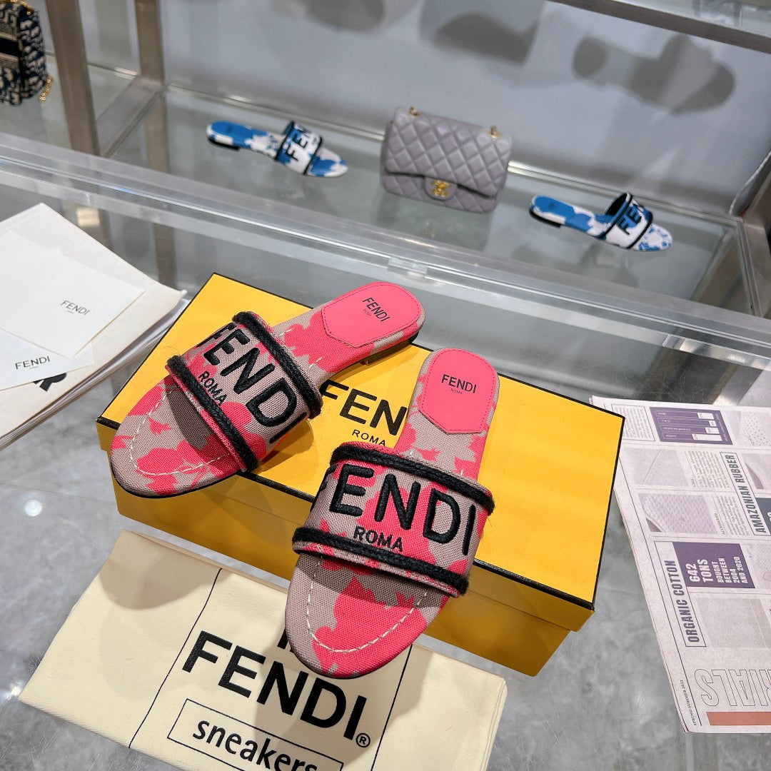 FENDI FF Women Signature Slides Dark Pink Gray Canvas Slide