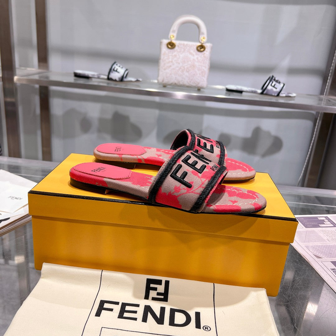 FENDI FF Women Signature Slides Dark Pink Gray Canvas Slide