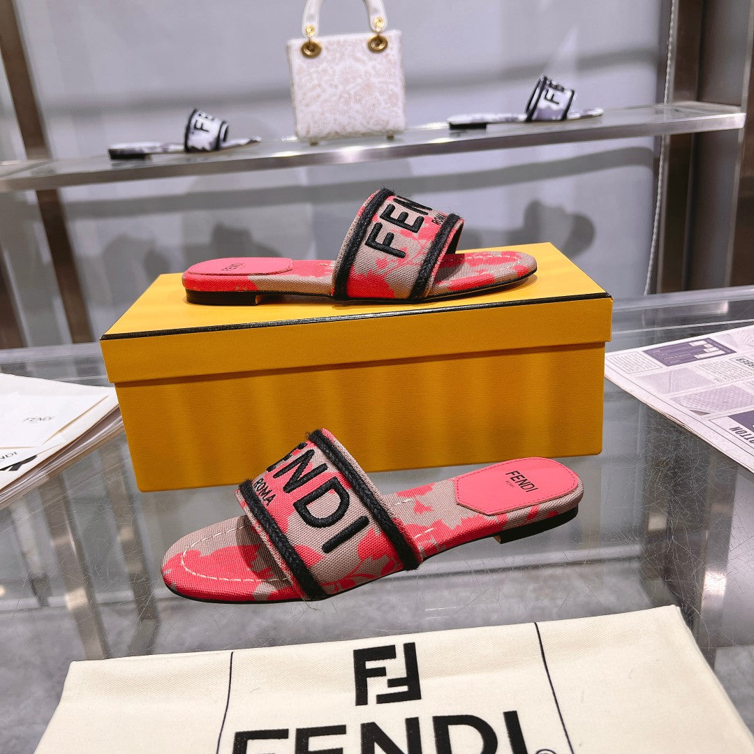 FENDI FF Women Signature Slides Dark Pink Gray Canvas Slide