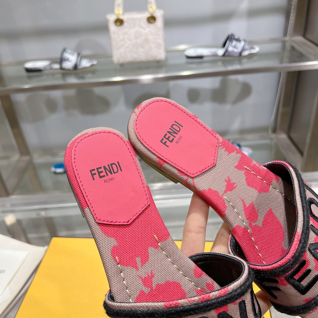FENDI FF Women Signature Slides Dark Pink Gray Canvas Slide