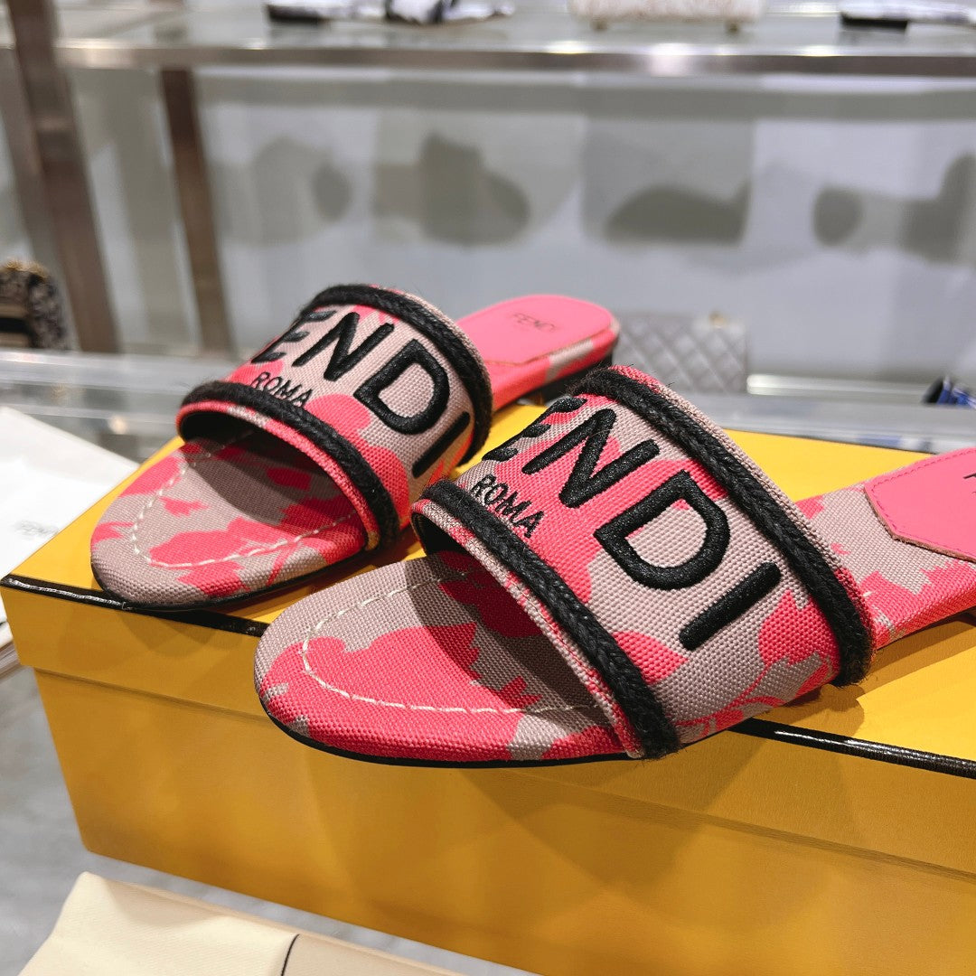 FENDI FF Women Signature Slides Dark Pink Gray Canvas Slide