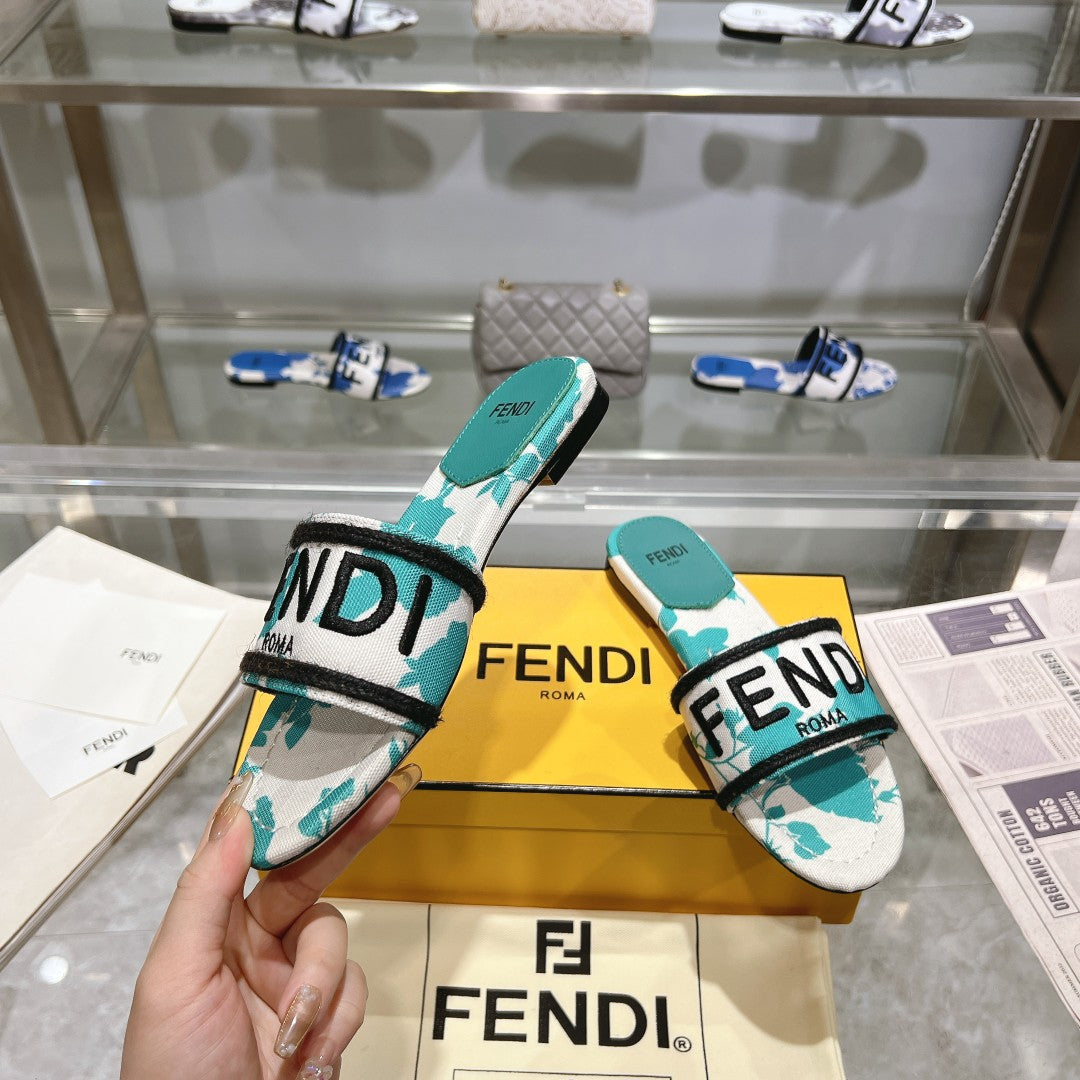 FENDI FF Women Signature Slides Turquoise White Canvas Slide