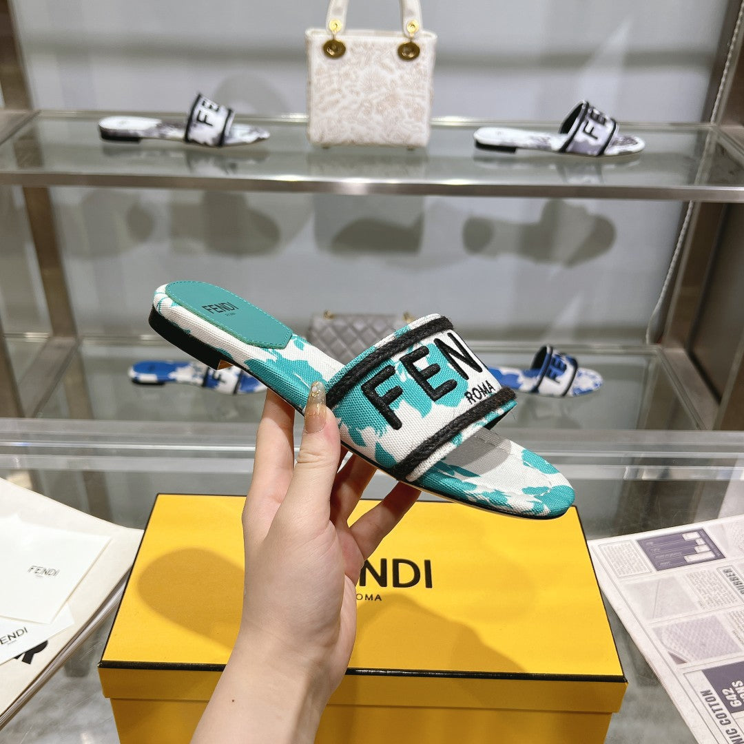 FENDI FF Women Signature Slides Turquoise White Canvas Slide