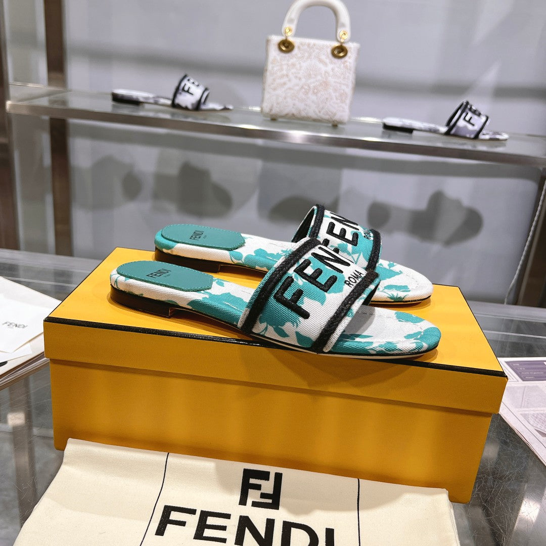 FENDI FF Women Signature Slides Turquoise White Canvas Slide