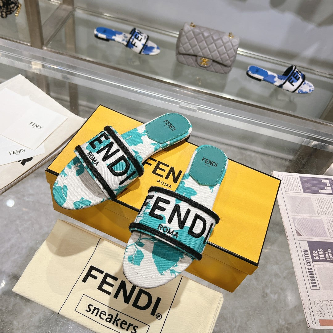 FENDI FF Women Signature Slides Turquoise White Canvas Slide
