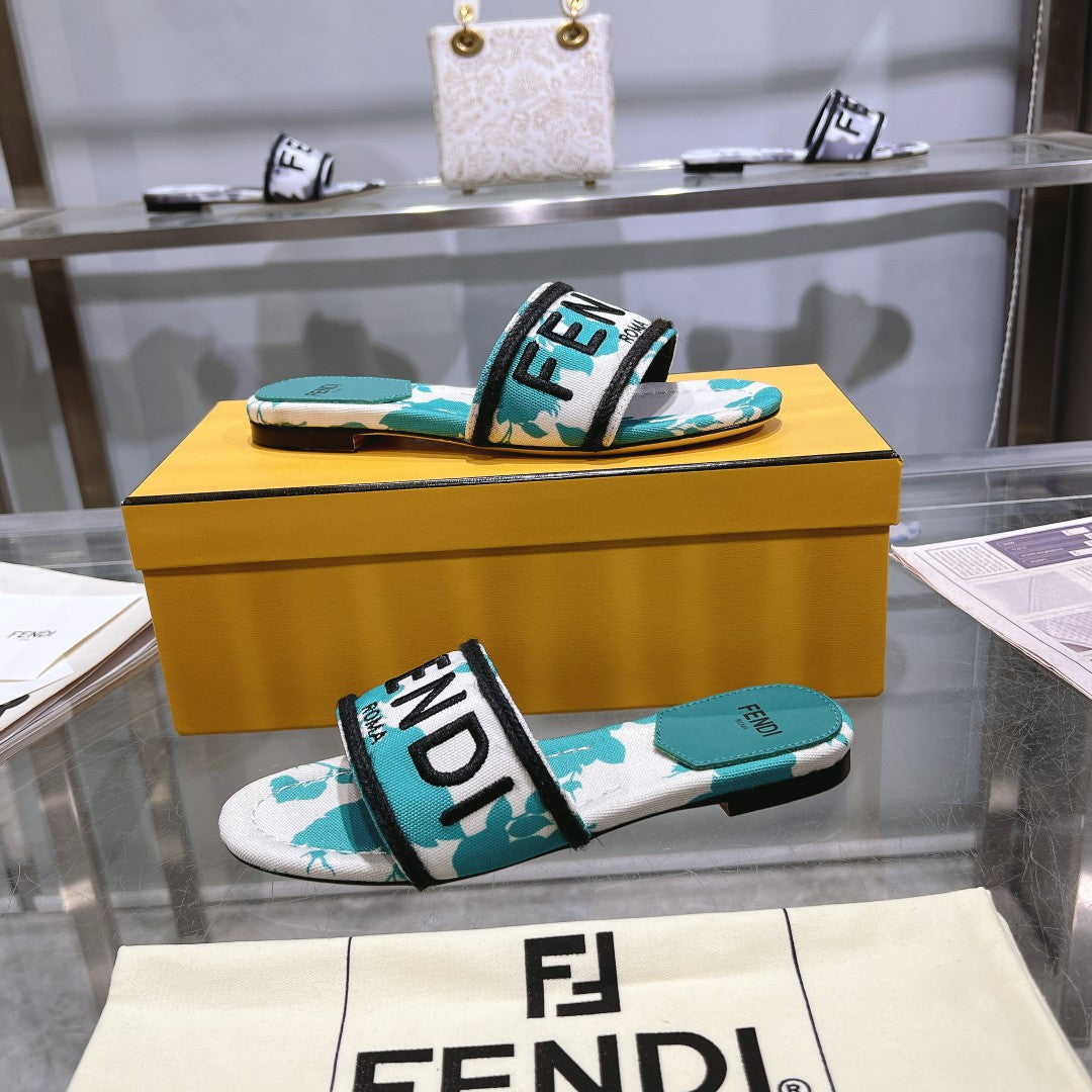 FENDI FF Women Signature Slides Turquoise White Canvas Slide