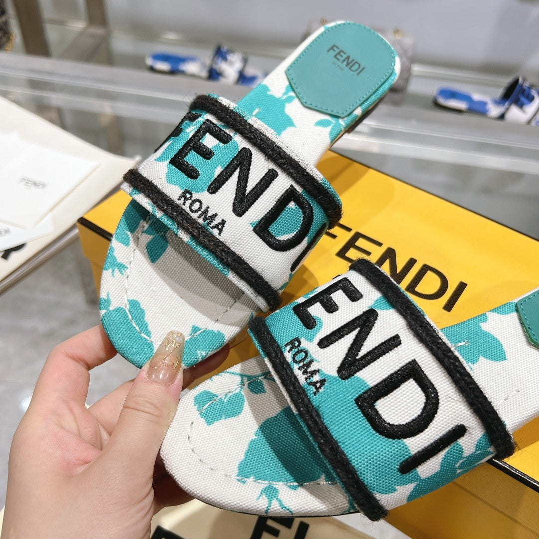 FENDI FF Women Signature Slides Turquoise White Canvas Slide