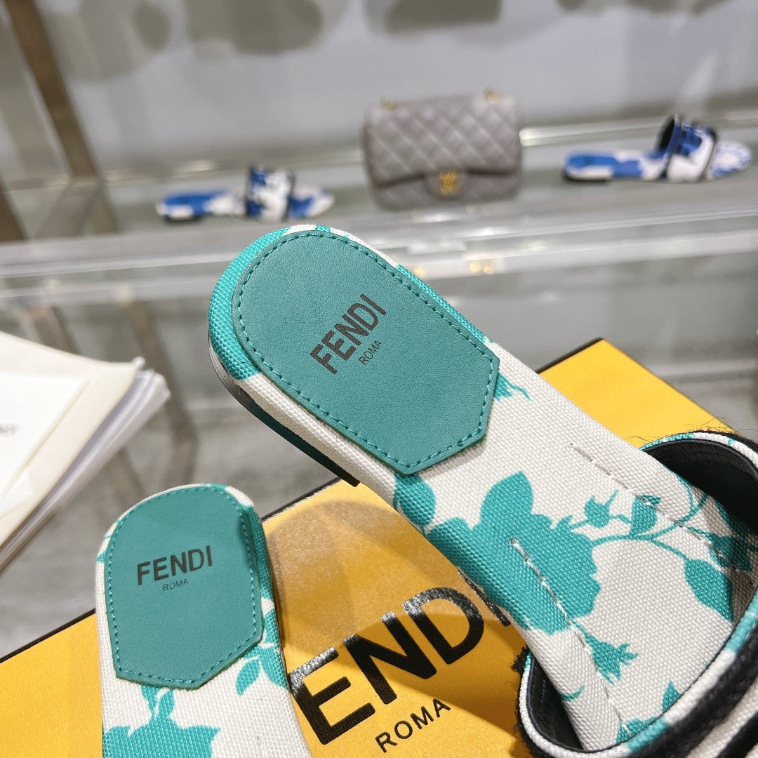 FENDI FF Women Signature Slides Turquoise White Canvas Slide