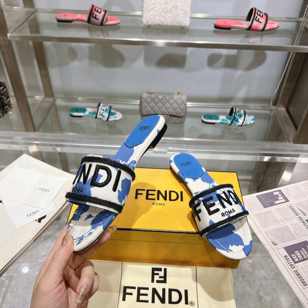 FENDI FF Women Signature Slides Blue White Canvas Slide
