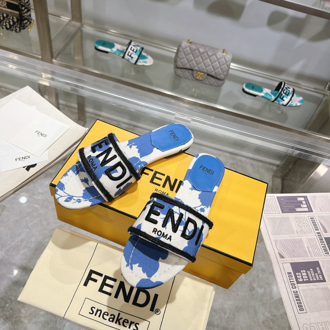 FENDI FF Women Signature Slides Blue White Canvas Slide
