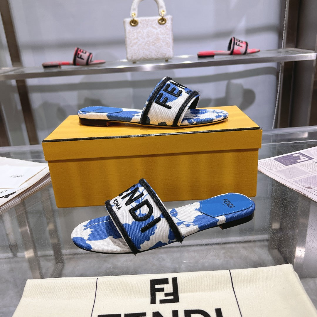 FENDI FF Women Signature Slides Blue White Canvas Slide