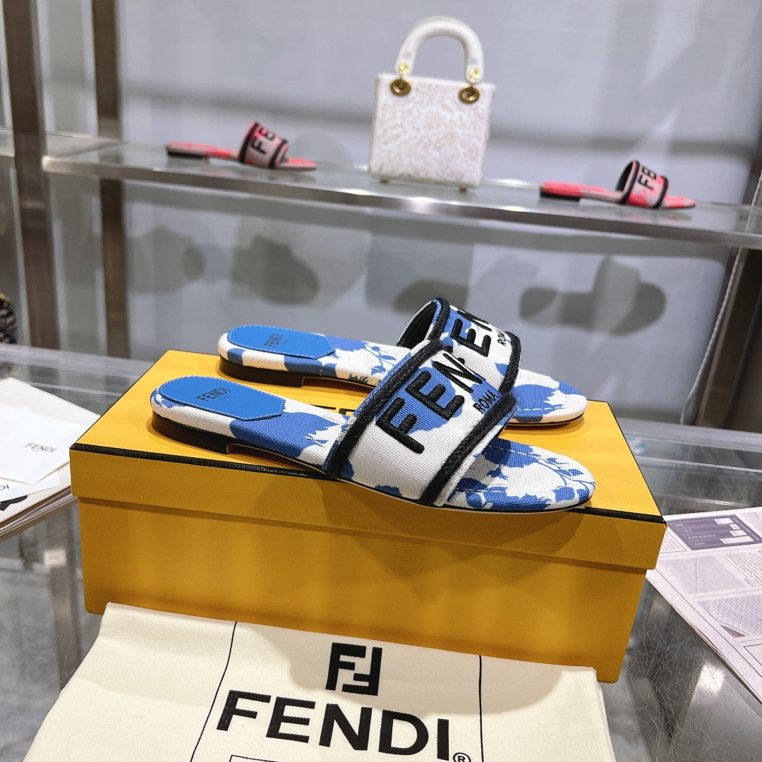 FENDI FF Women Signature Slides Blue White Canvas Slide