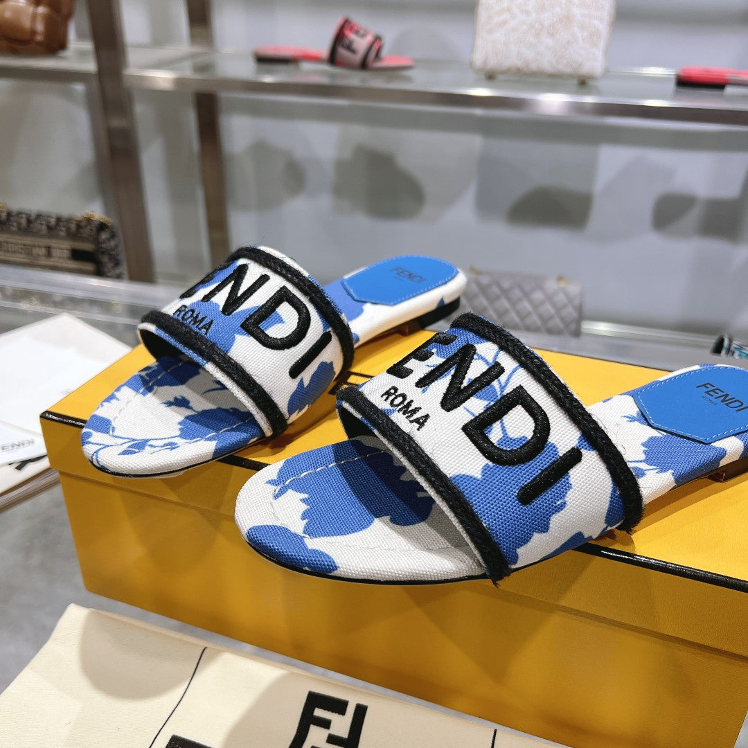FENDI FF Women Signature Slides Blue White Canvas Slide