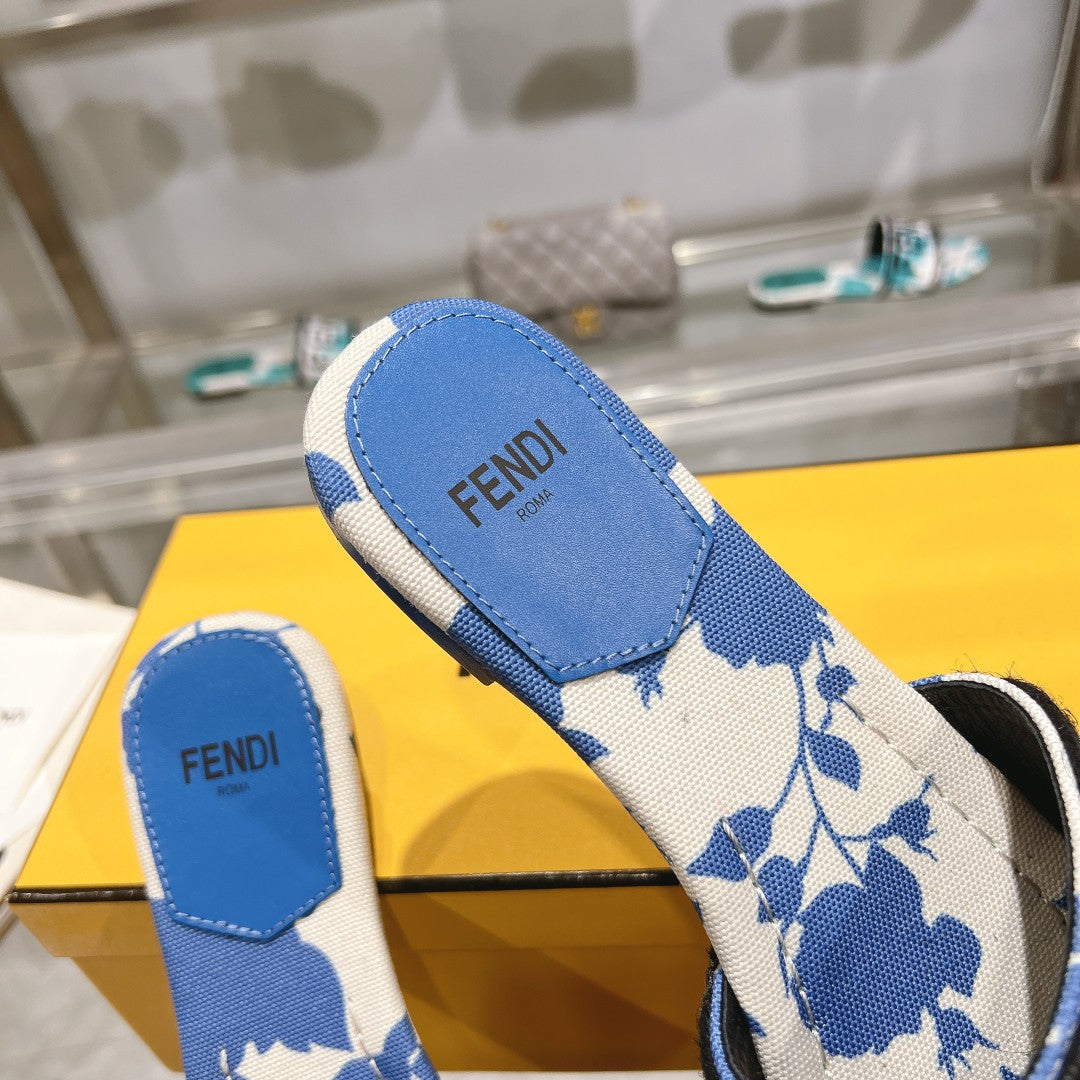FENDI FF Women Signature Slides Blue White Canvas Slide