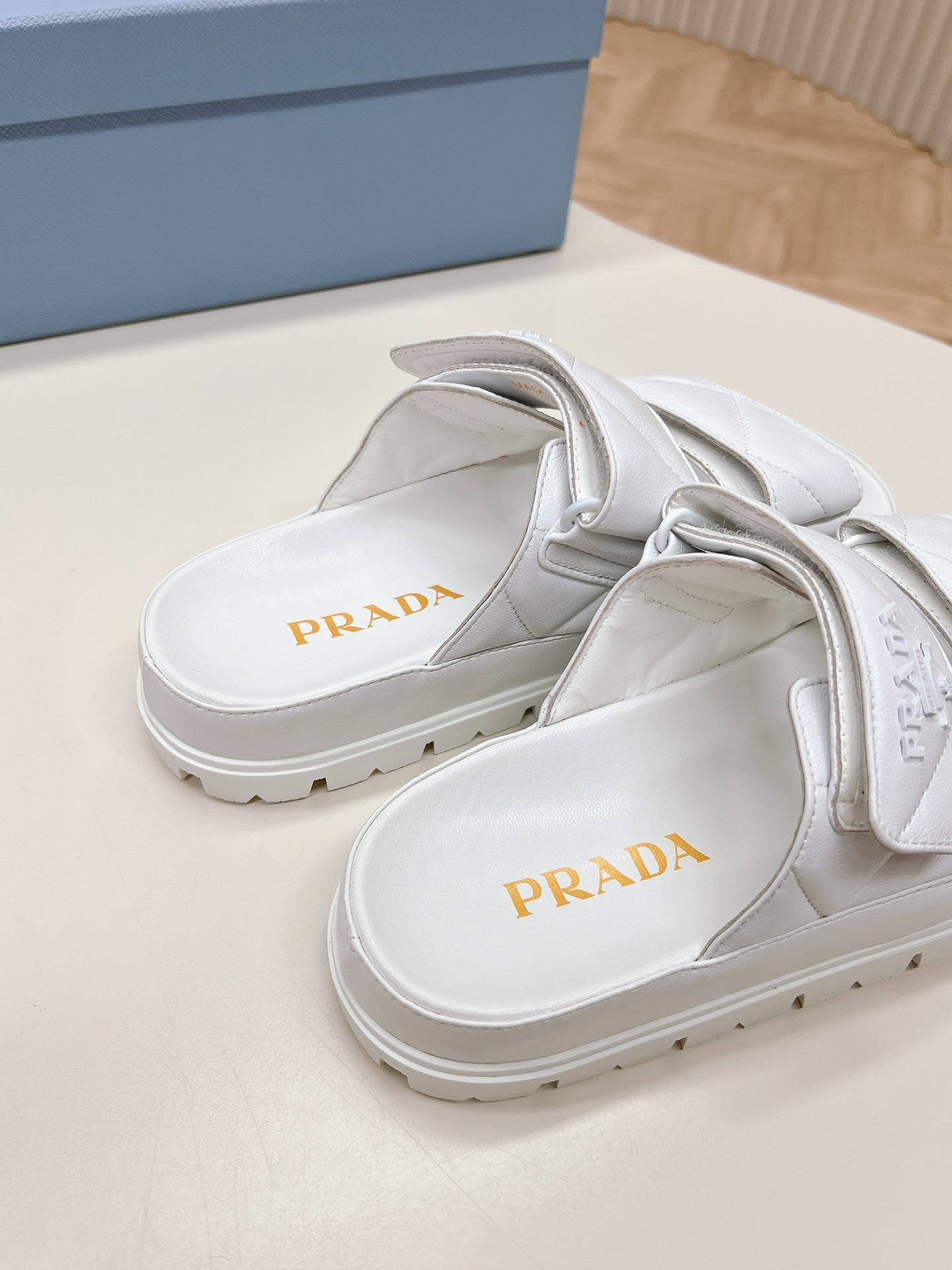 PRADA Double Strap Quilted Slide 20 White Calfskin