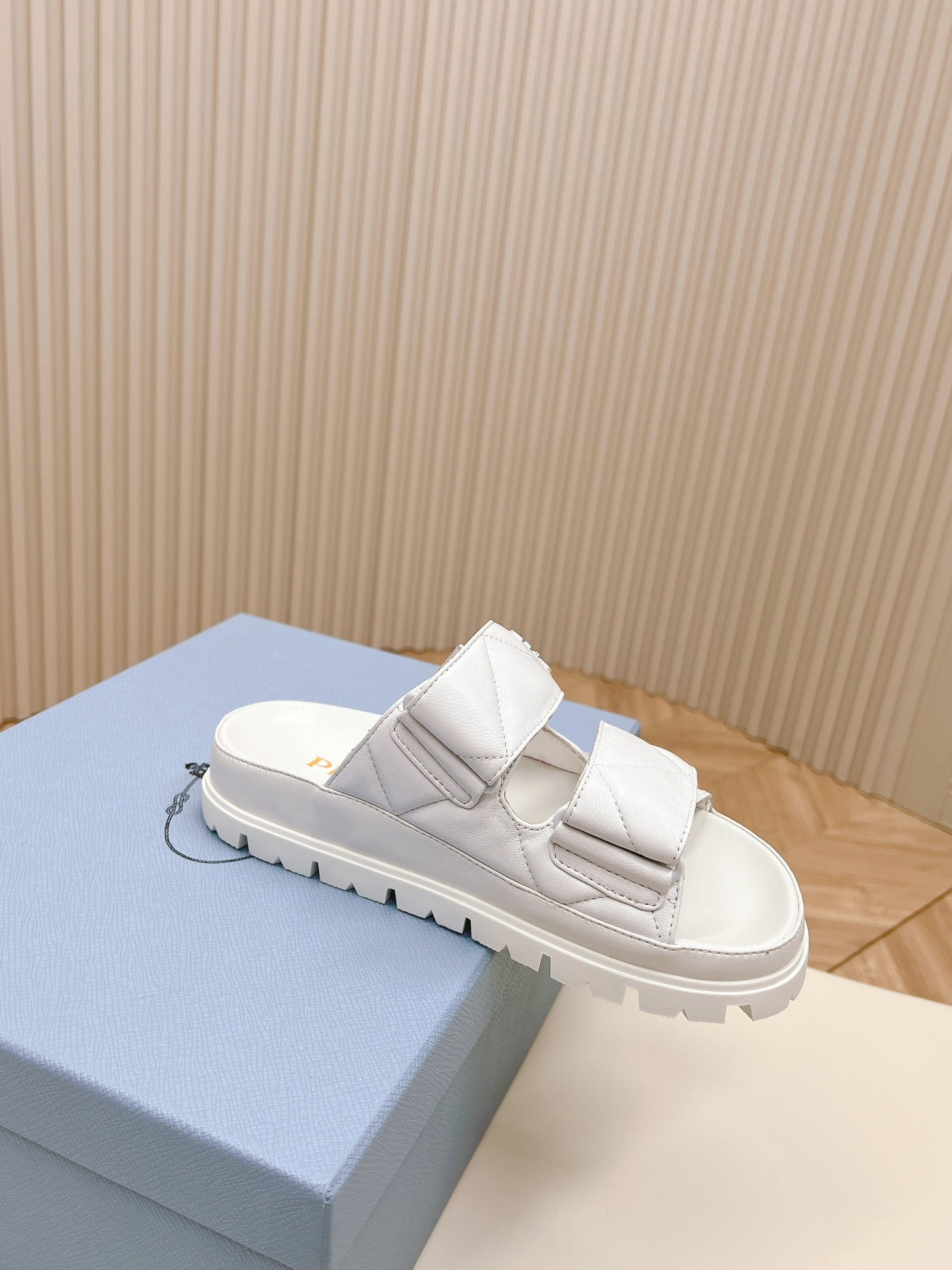 PRADA Double Strap Quilted Slide 20 White Calfskin