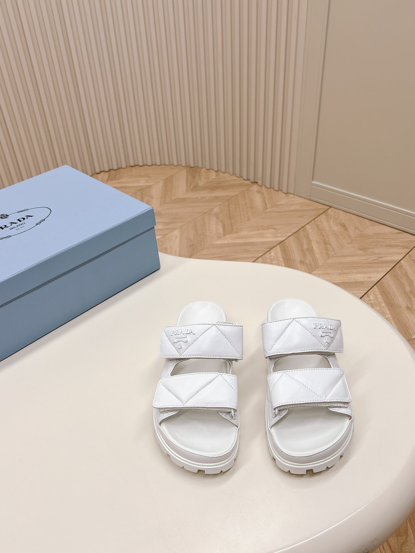PRADA Double Strap Quilted Slide 20 White Calfskin