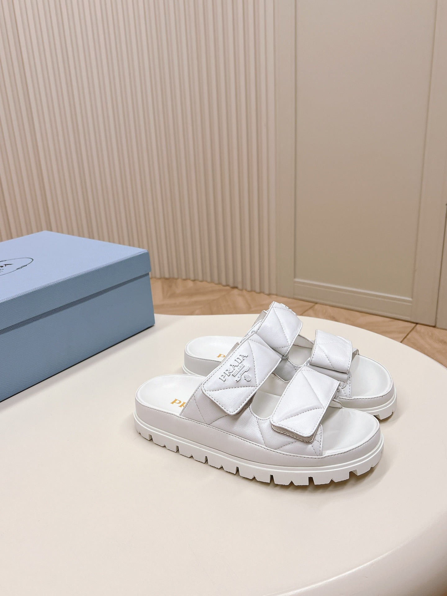 PRADA Double Strap Quilted Slide 20 White Calfskin