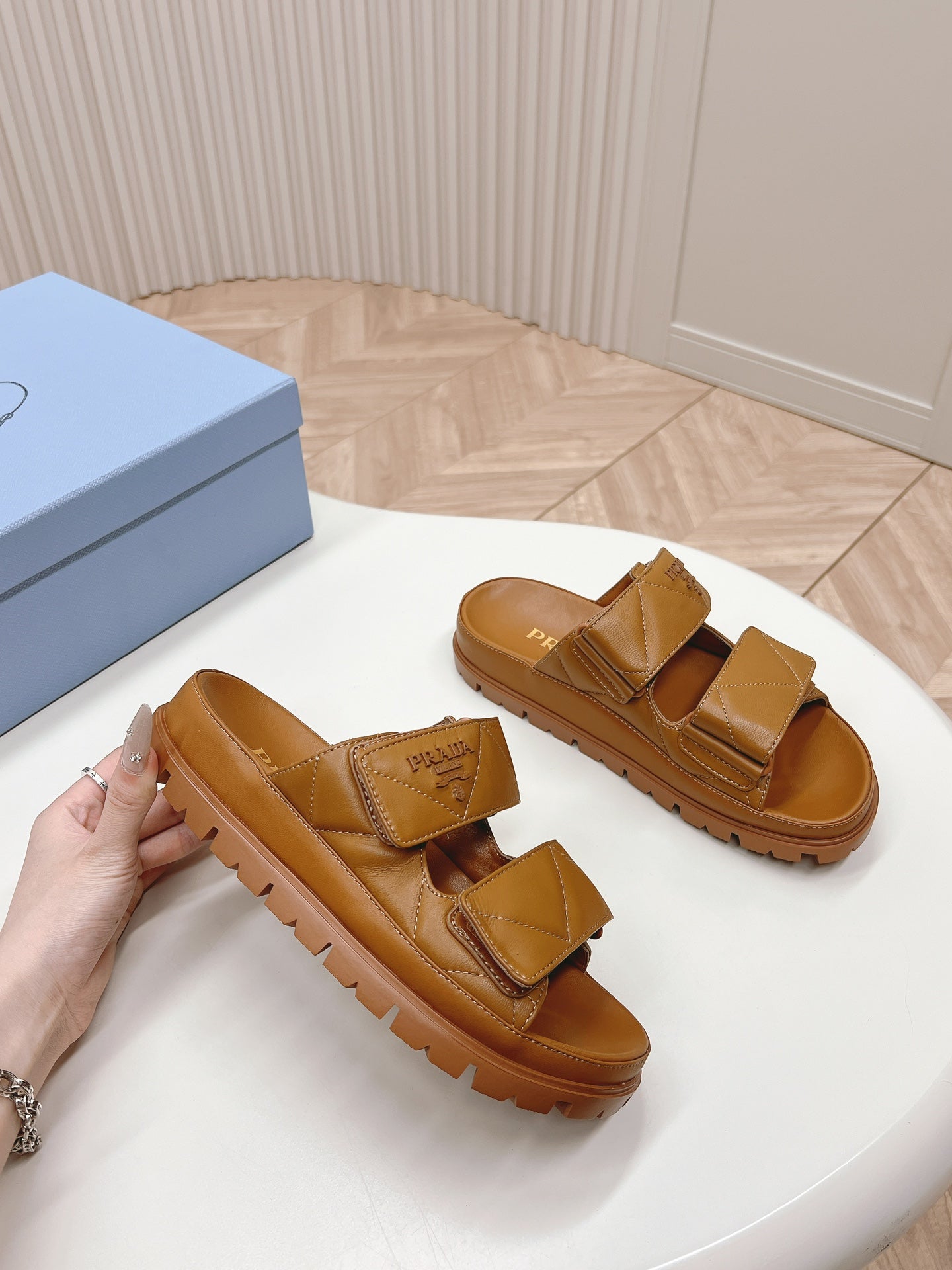 PRADA Double Strap Quilted Slide 20 Tan Calfskin