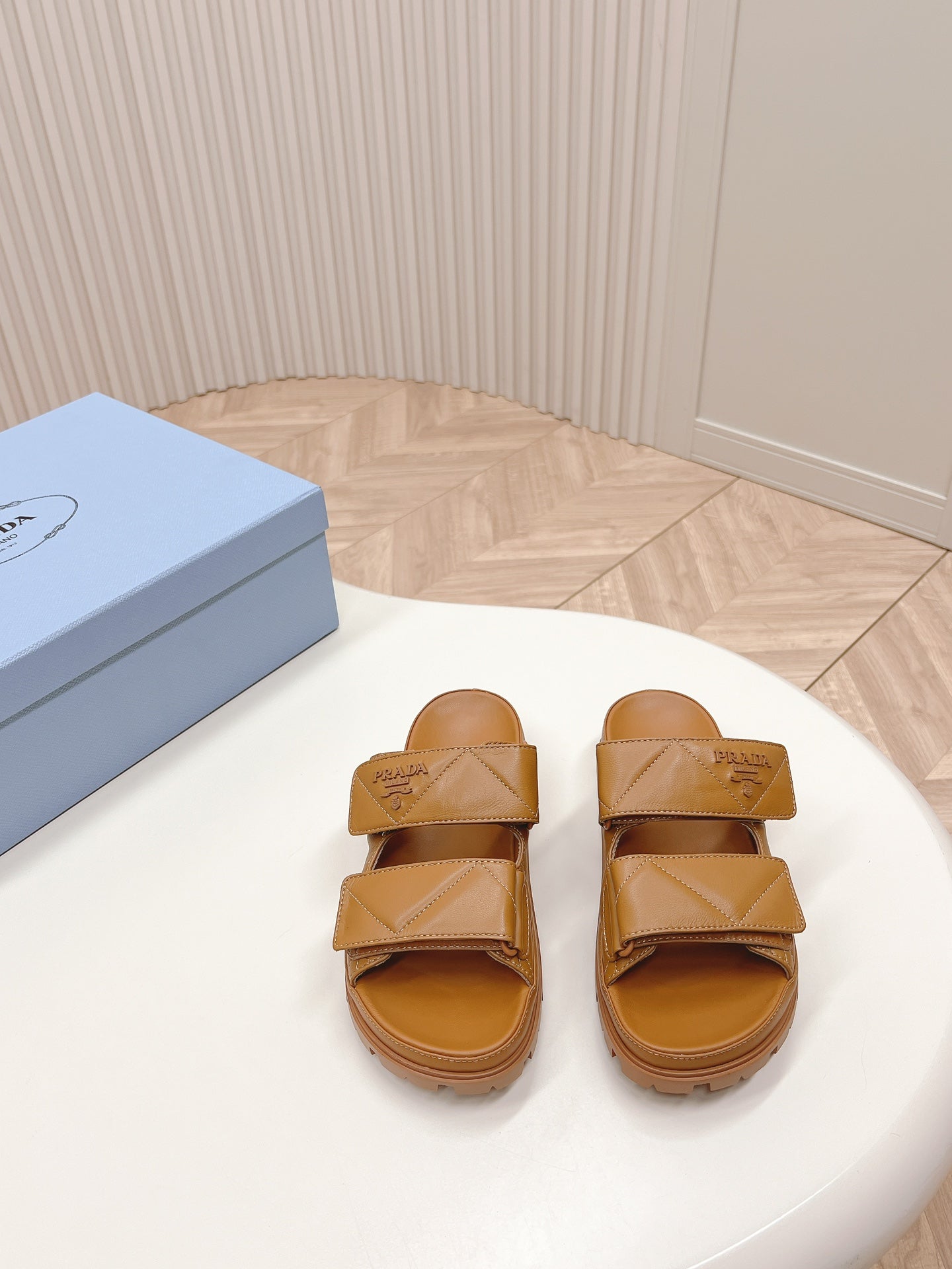 PRADA Double Strap Quilted Slide 20 Tan Calfskin