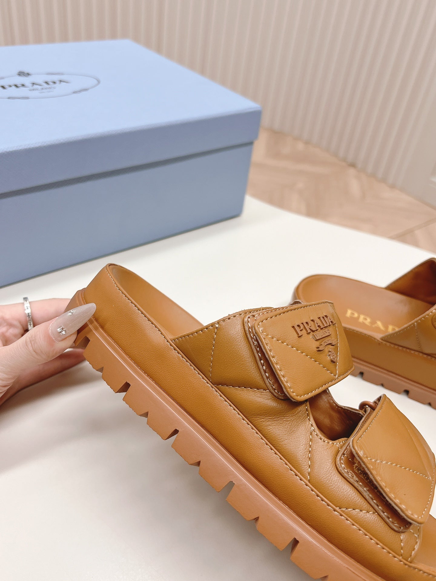 PRADA Double Strap Quilted Slide 20 Tan Calfskin