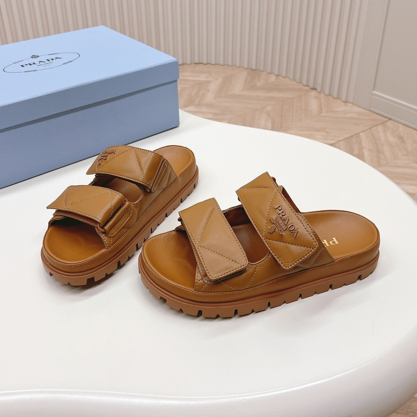 PRADA Double Strap Quilted Slide 20 Tan Calfskin