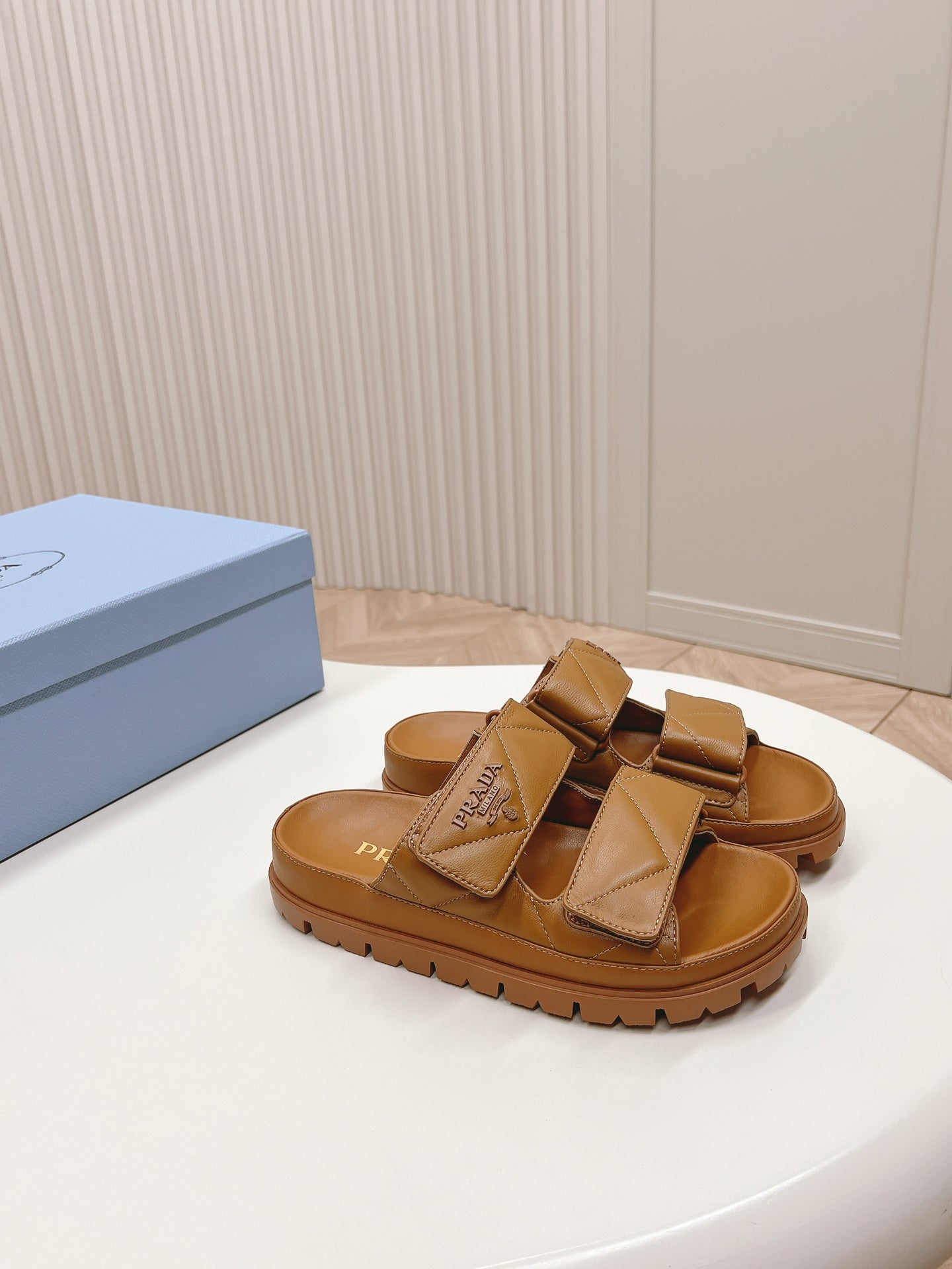 PRADA Double Strap Quilted Slide 20 Tan Calfskin