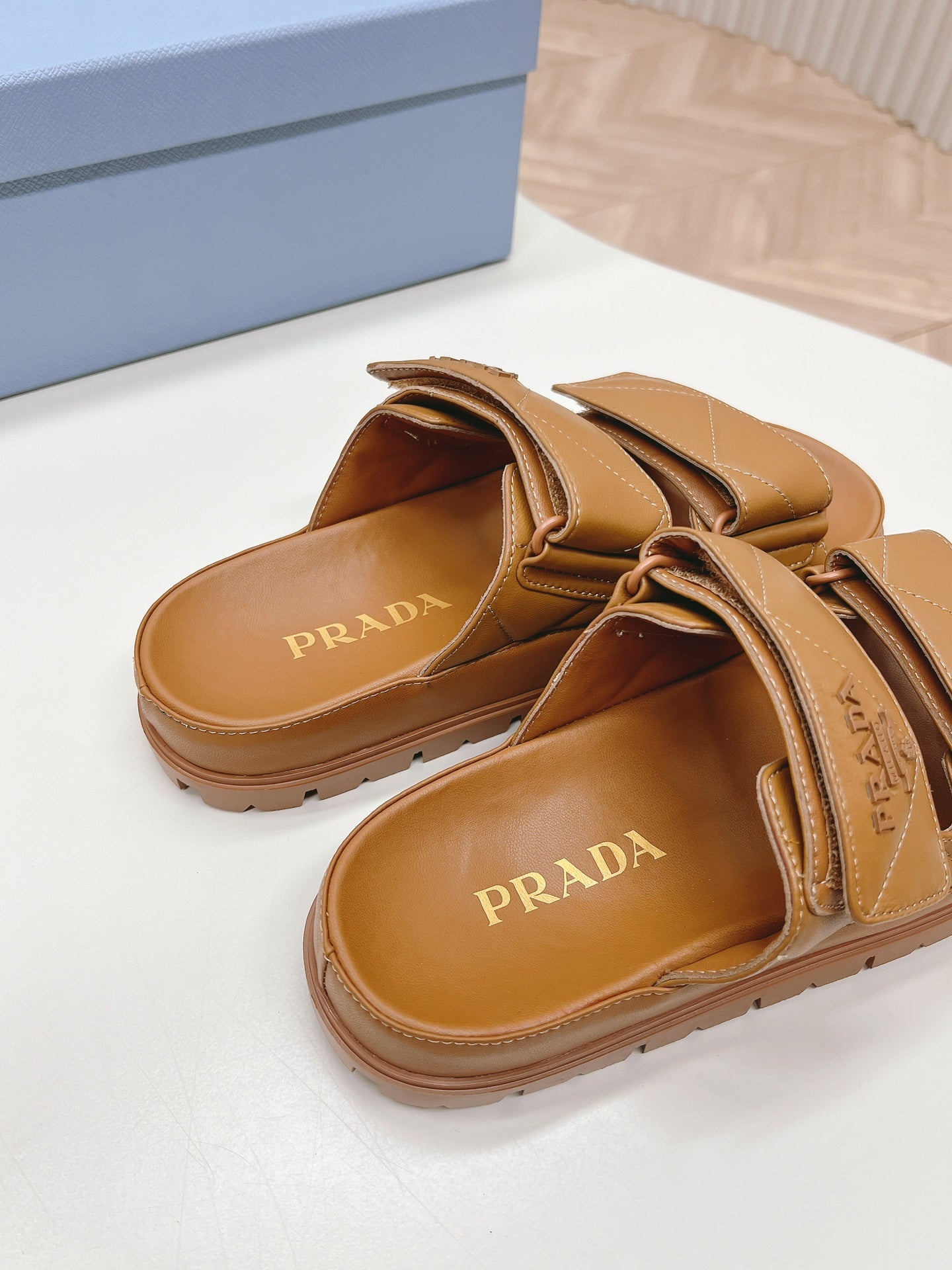 PRADA Double Strap Quilted Slide 20 Tan Calfskin