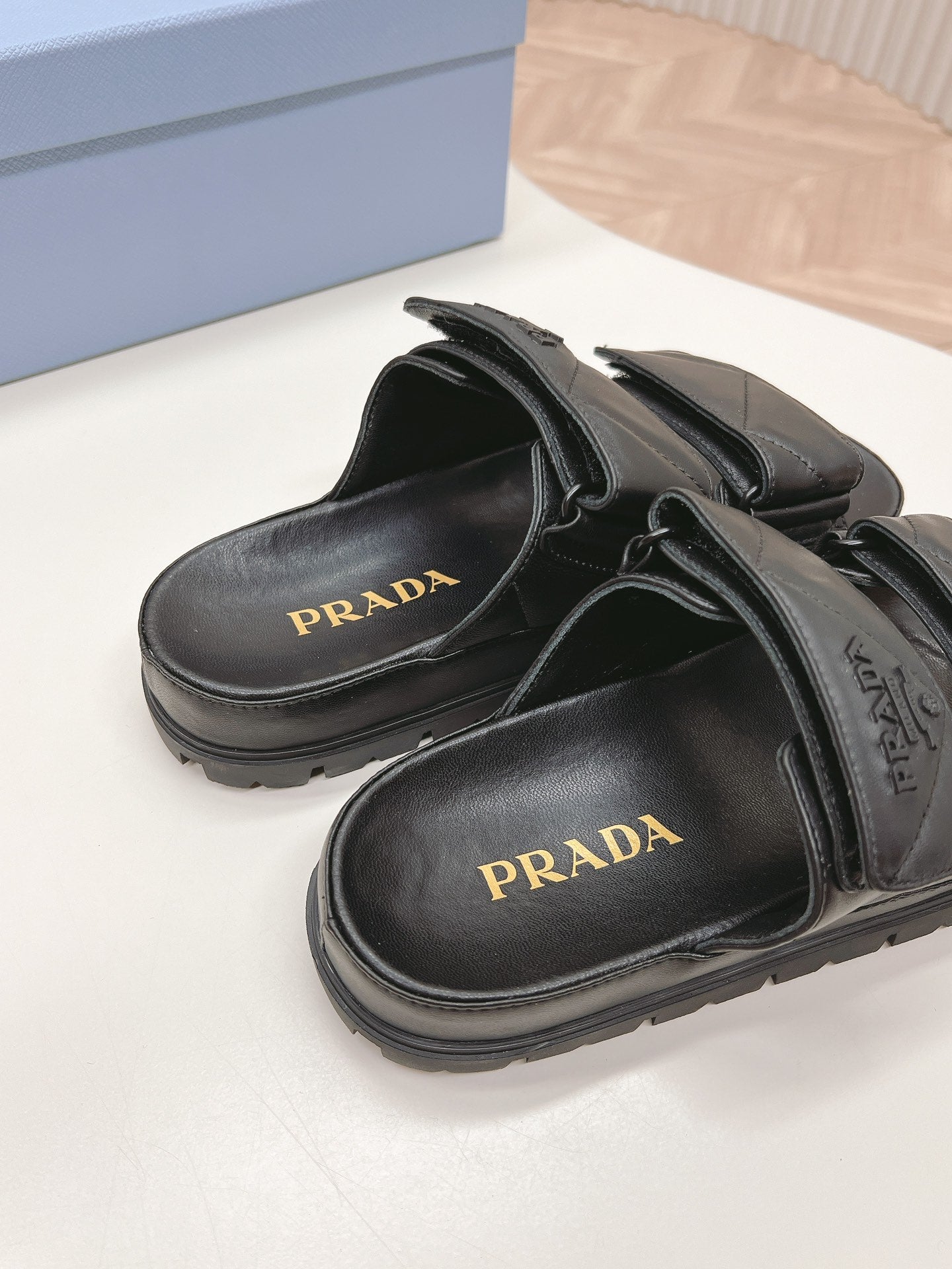 PRADA Double Strap Quilted Slide 20 Black Calfskin
