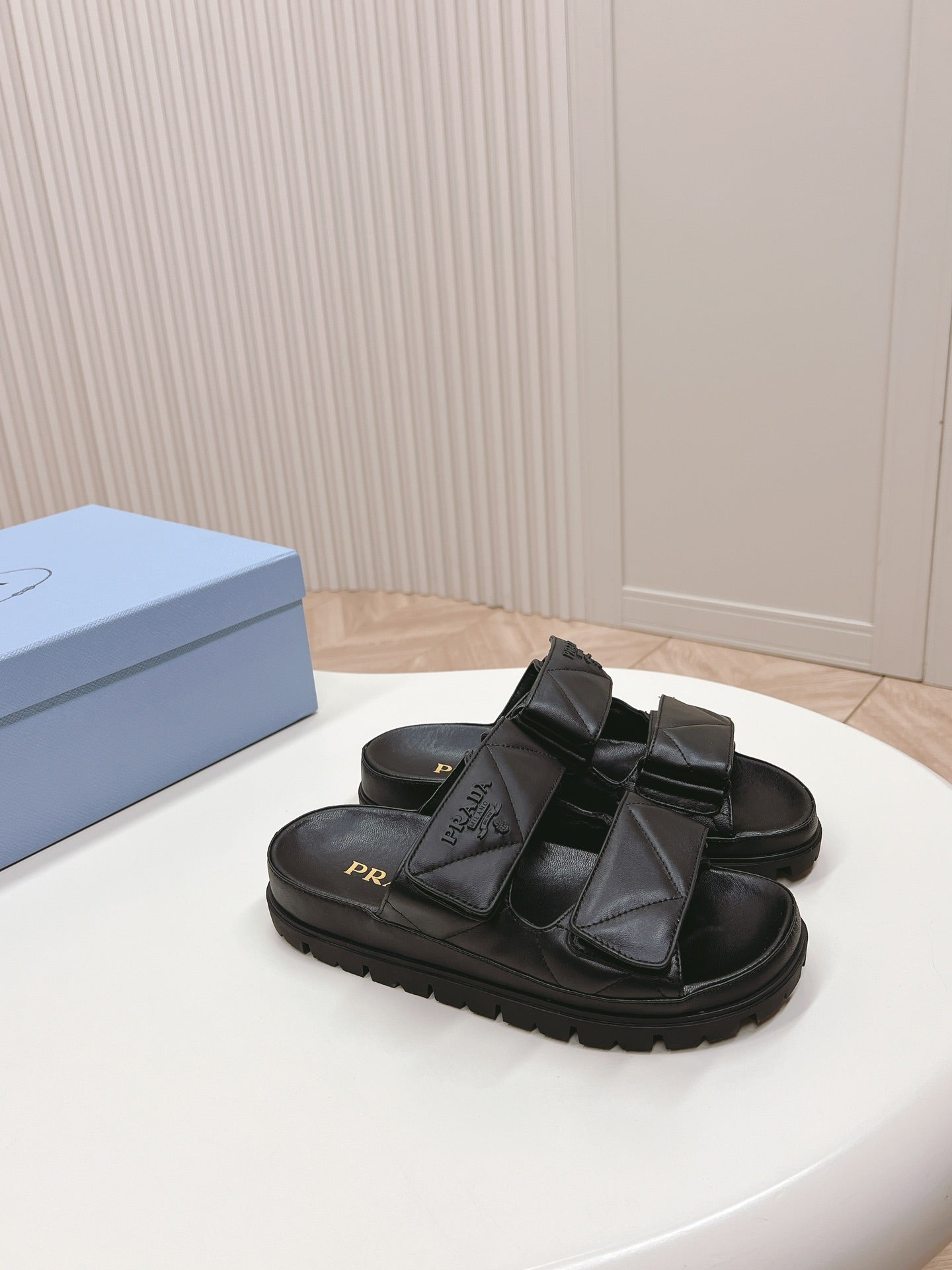 PRADA Double Strap Quilted Slide 20 Black Calfskin