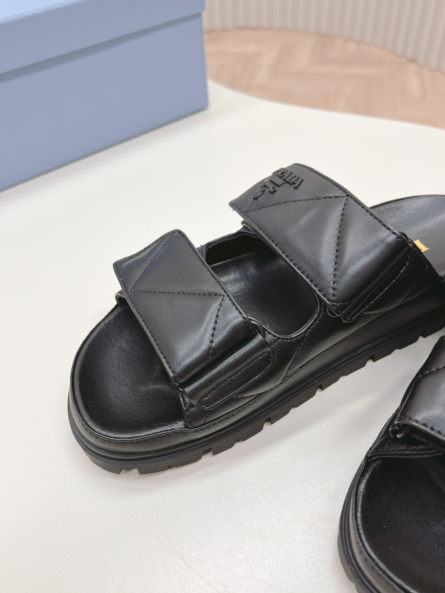 PRADA Double Strap Quilted Slide 20 Black Calfskin