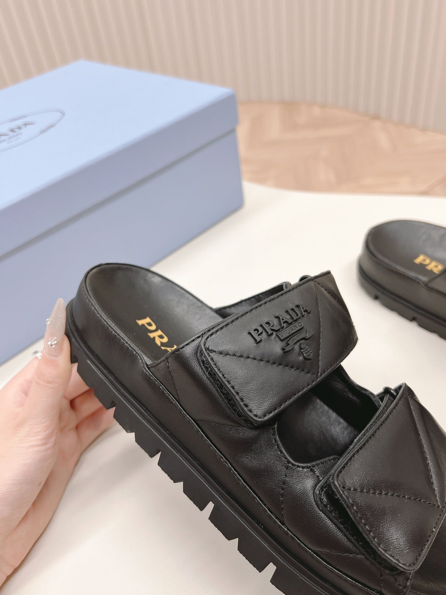 PRADA Double Strap Quilted Slide 20 Black Calfskin