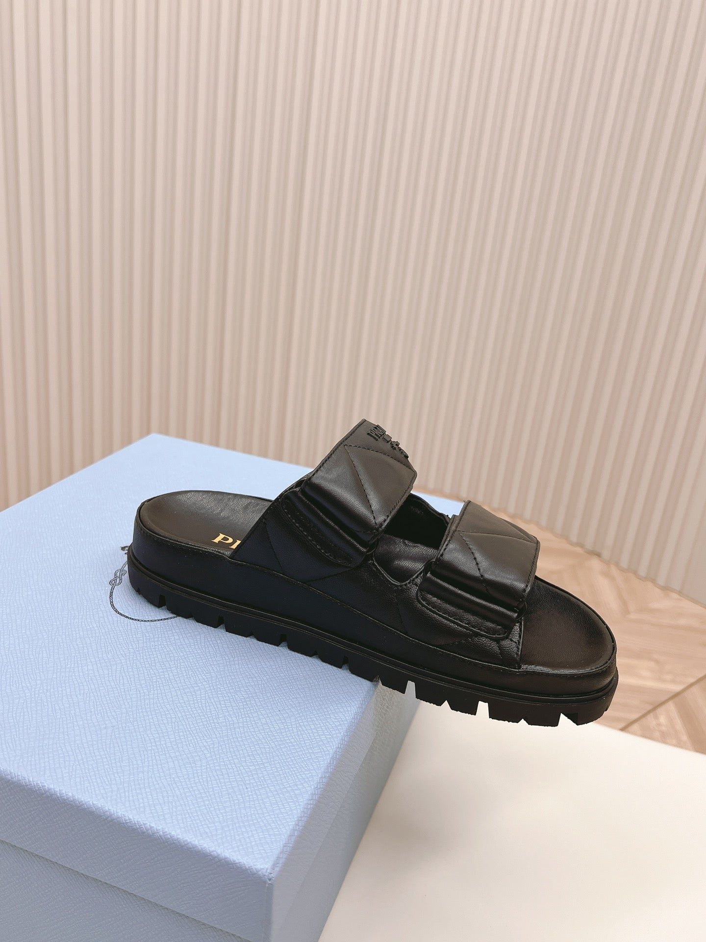 PRADA Double Strap Quilted Slide 20 Black Calfskin