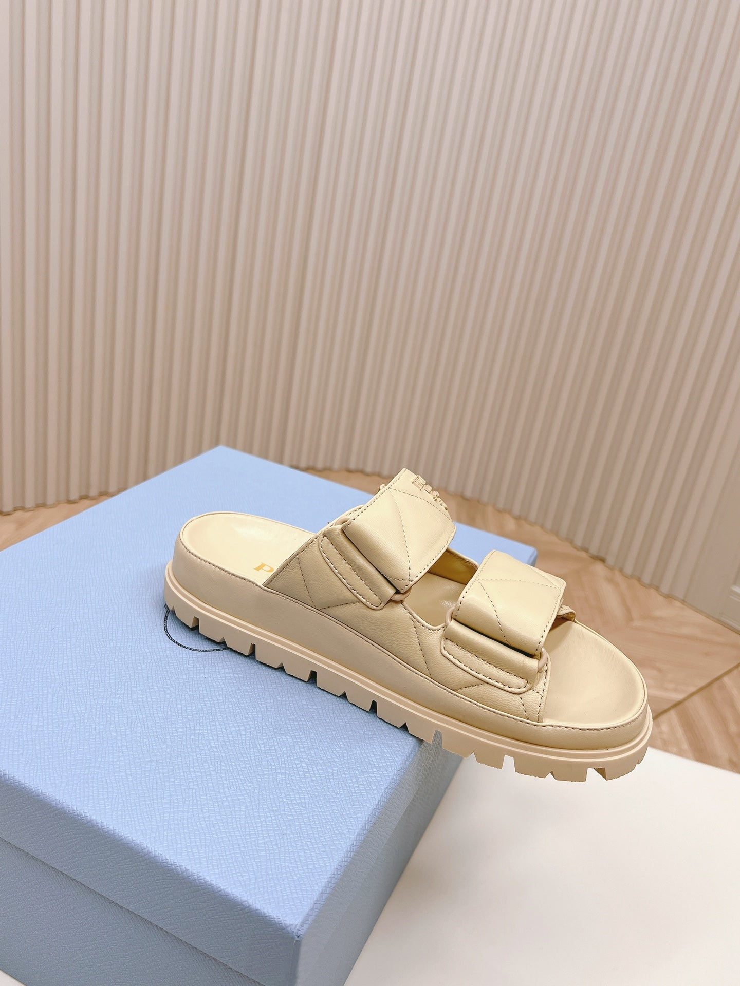 PRADA Double Strap Quilted Slide 20 Beige Calfskin
