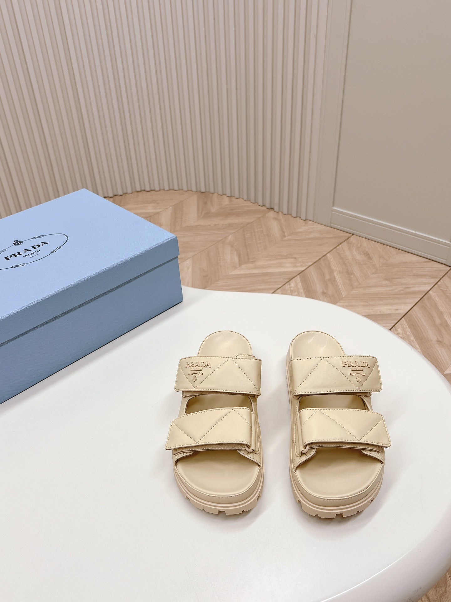 PRADA Double Strap Quilted Slide 20 Beige Calfskin