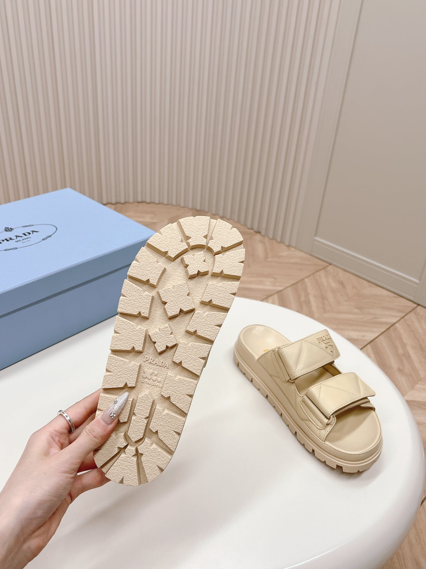 PRADA Double Strap Quilted Slide 20 Beige Calfskin