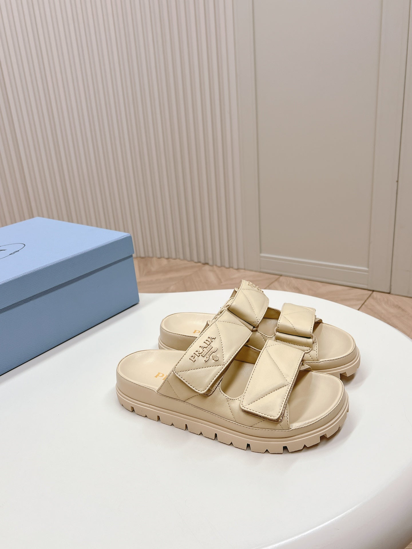 PRADA Double Strap Quilted Slide 20 Beige Calfskin