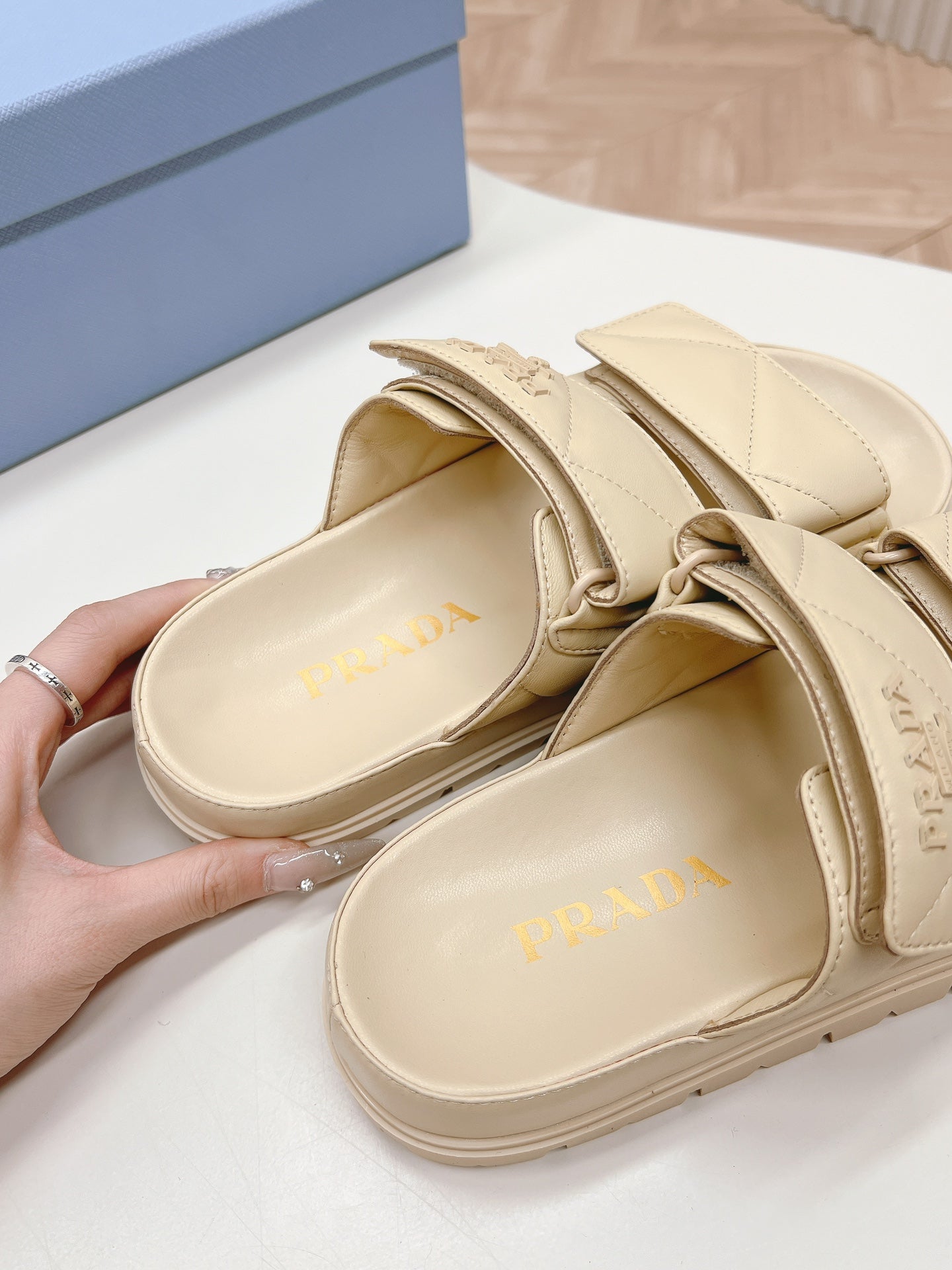 PRADA Double Strap Quilted Slide 20 Beige Calfskin