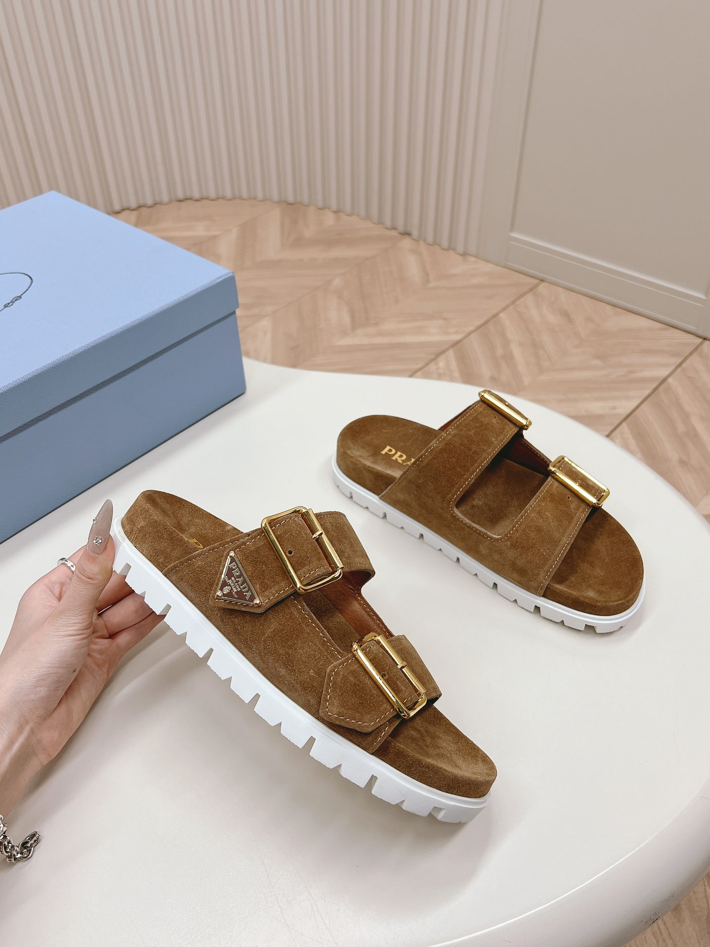 PRADA Double Buckle Strap Slides 20 Brown Suede