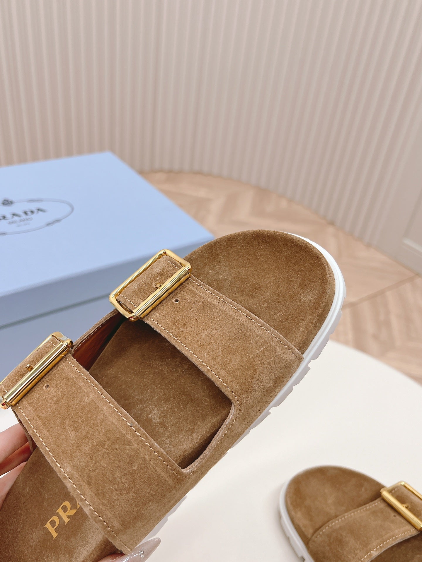 PRADA Double Buckle Strap Slides 20 Brown Suede