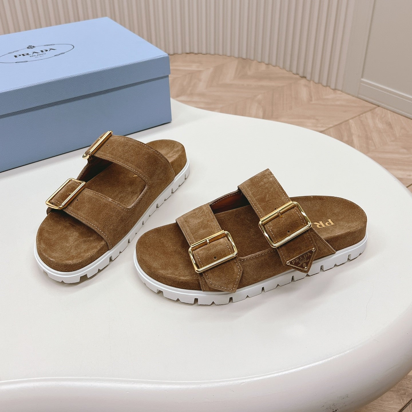 PRADA Double Buckle Strap Slides 20 Brown Suede